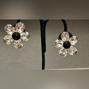 VTG Signed By JONI Black/Clear Rhinestones Flower Clip On Earrings